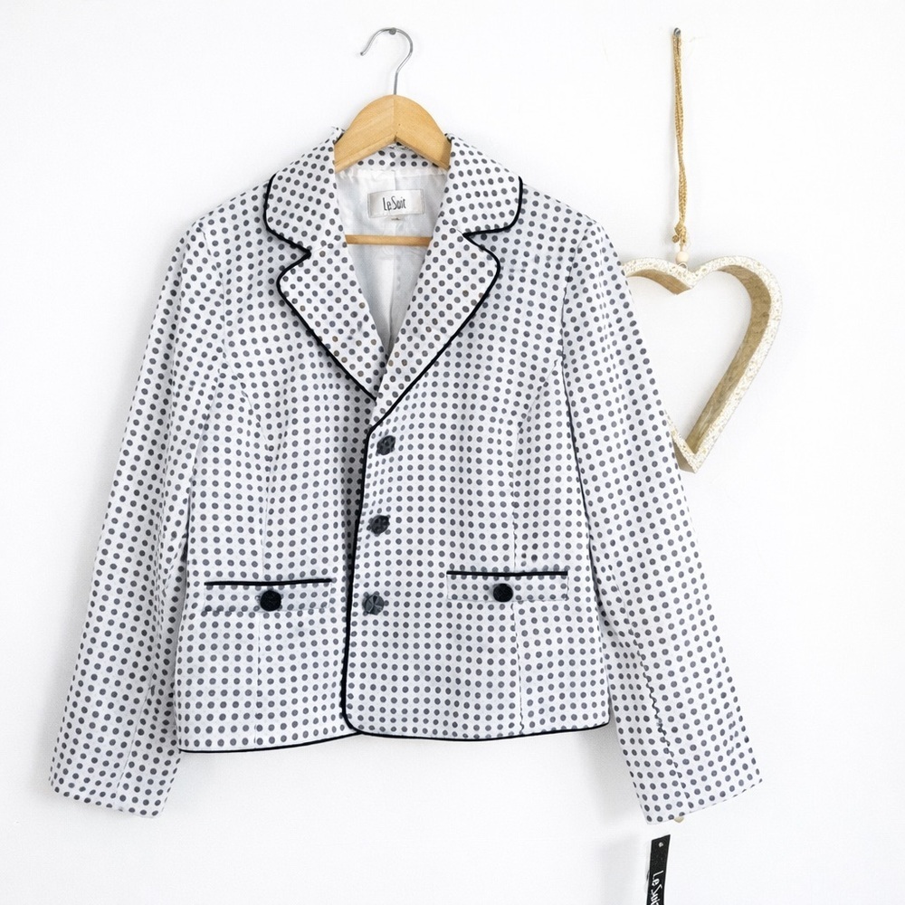 Le Suit Black White Polka Dot Cropped Blazer Tailored Jacket Trim Classic Sz 16